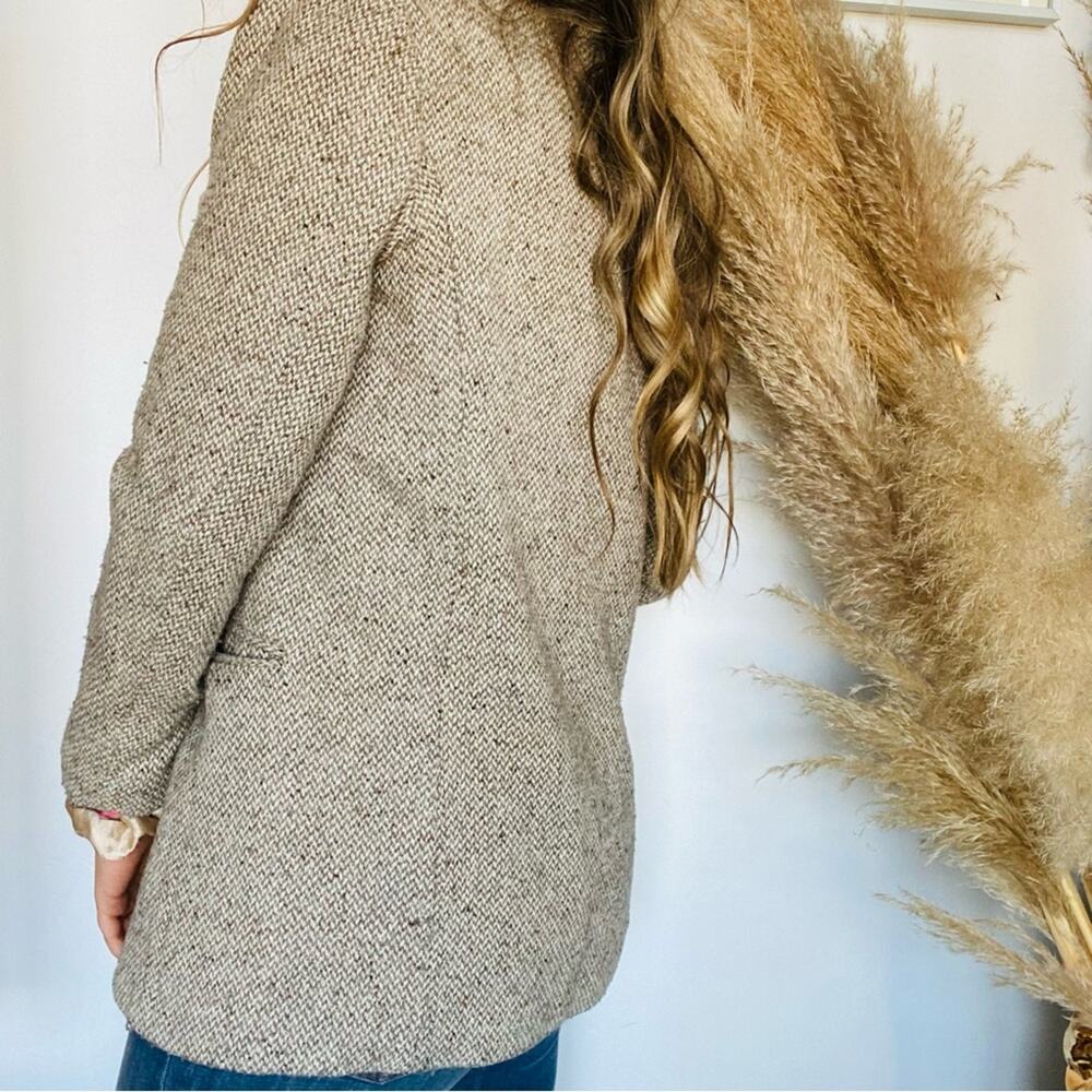 VINTAGE Cream White Brown Faux Suede Tweed Blazer Button Front Pocket Jacket S - Picture 2 of 7